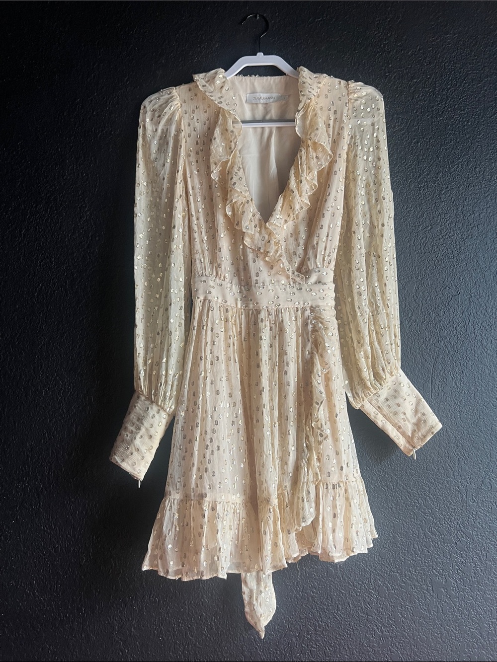 Zimmermann Cream Ruffle Wrap Mini Dress with Metallic Dot Detail US6/AU1